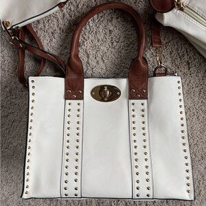 NWOT White and Brown Studded Handbag with bonus bag